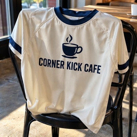Custom logo soccer jersey on a cafe chair