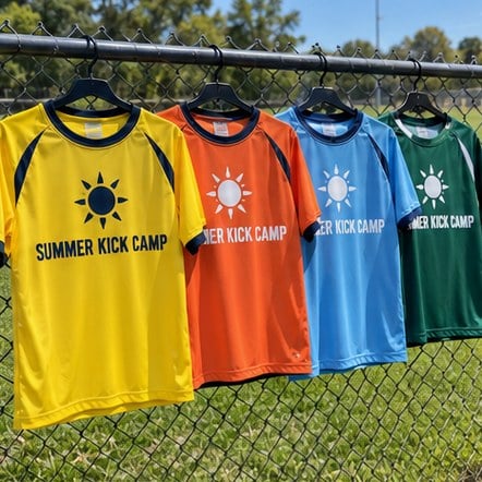 Custom soccer camp jerseys on a practice field fence