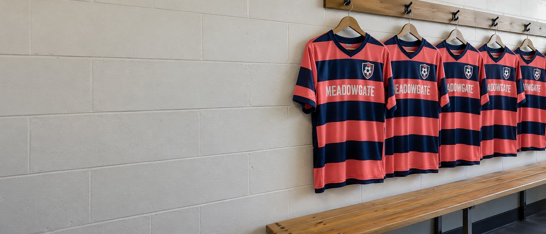 Custom soccer jerseys for a club hanging in a locker room