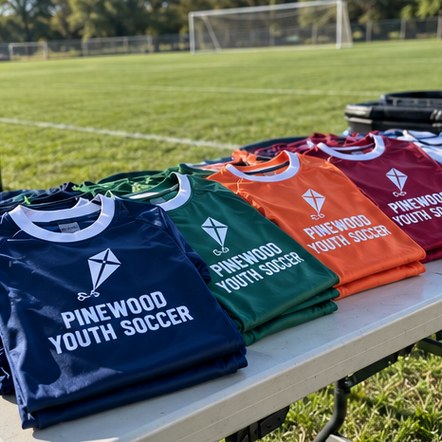 Custom youth club soccer jerseys beside a pitch